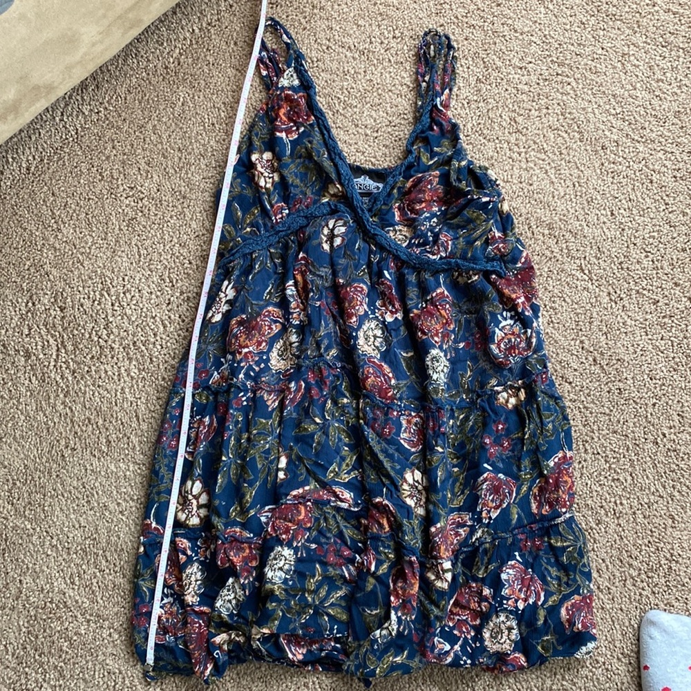 Blue floral dress with double spaghetti straps.